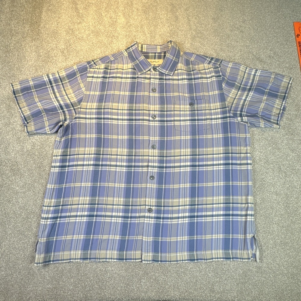 Tommy Bahama Mens Shirt Silk Blue White Plaid Purple  XL Short Sleeve Button‎ - Picture 2 of 11